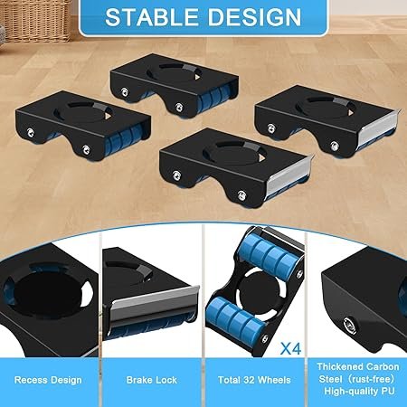 New Upgrade Furniture Sliders Furniture Lift Mover Tool Set 4 Metal Slider with 8 Wheel Each for Easy Moving Heavy Duty Appliance Roller Dolly for Couches Sofas + More Load Capacity Up to 750lbs