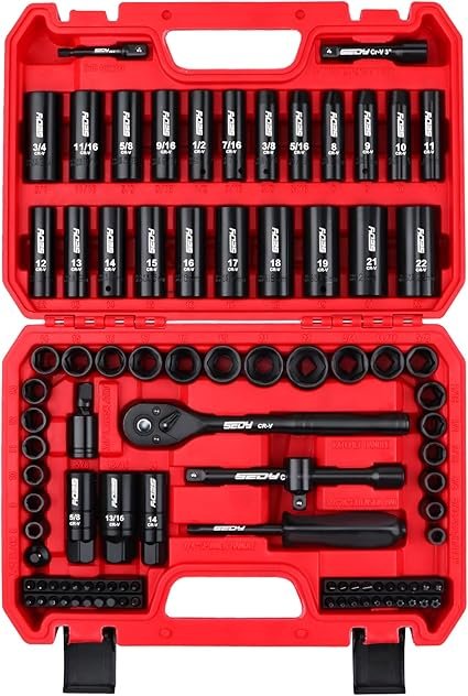 96Piece 38 Drive Impact Socket Wrench and Bit Set SAE 516”34” Metric 822mm CrV Standard Deep Sockets Power Bits Ratchet Handle Universal Joint Bit Holder Adapters Spark Plug Socket