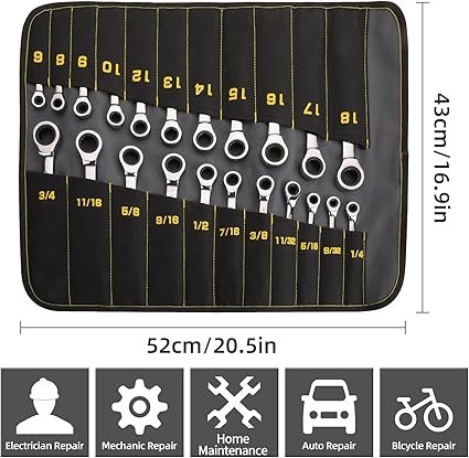 Ratcheting Wrench Set Combination Wrench Set 22Piece SAE Metric and Standard 72Th Long Open End 14 to 34 618mm Organizer With Roll Up Pouch CRV Socket Mechanic Hand Tools Sets