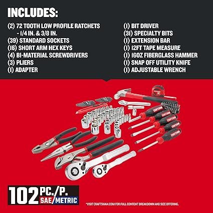 CRAFTSMAN 102Piece Tool Kit for Home and Car Durable Hand Tool Set with SAEMetric Sockets (CMMT99449)